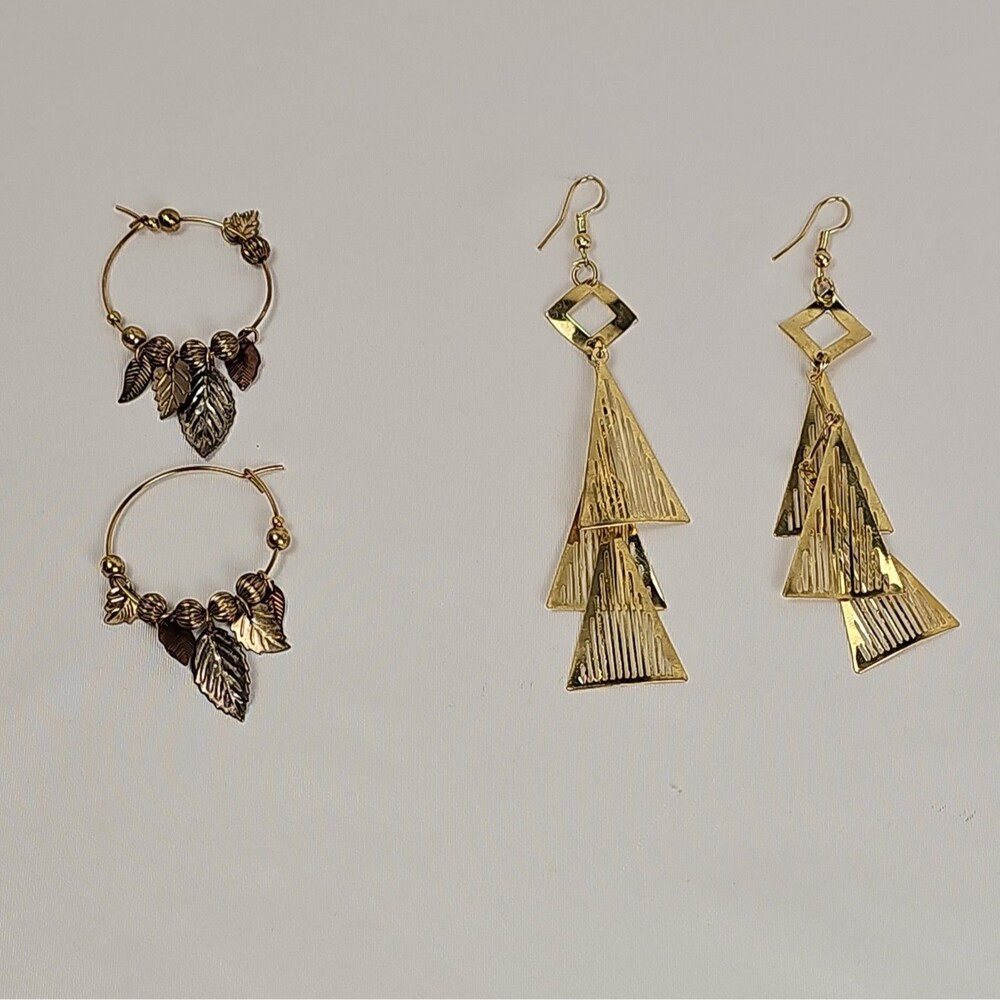 Vintage 1990s Gold Tone Earrings Lot 2 Pairs Leaf Hoop Geometric Dangle